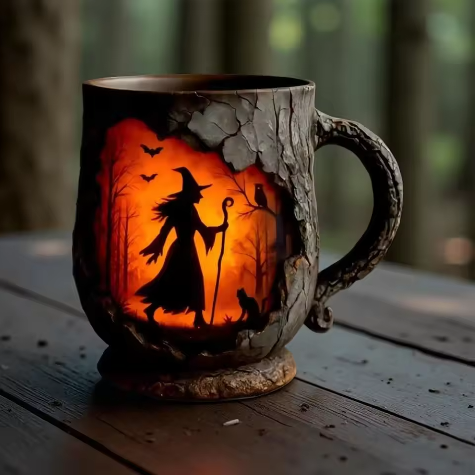 Caneca Halloween 3D Artesanal – Design Bruxa e Gato