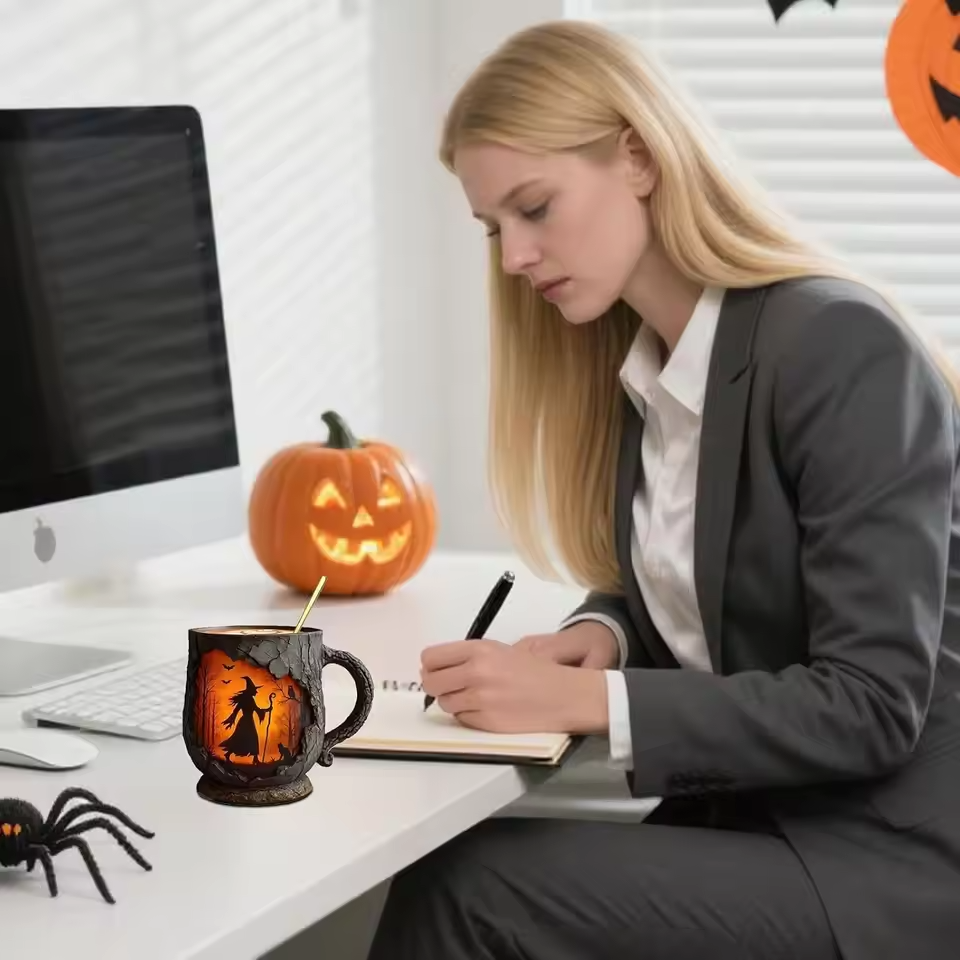 Caneca Halloween 3D Artesanal – Design Bruxa e Gato